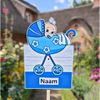 Geboortebord tuin baby in kinderwagen blauw