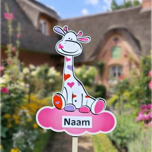 Geboortebord tuin giraffe met hartjes op wolk – Roze/rood