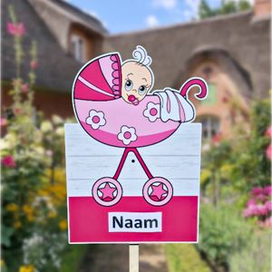 Geboortebord tuin baby in kinderwagen roze