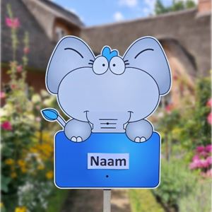 Geboortebord tuin Lief olifantje met blauw naambord