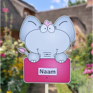 Geboortebord tuin Lief olifantje met roze naambord
